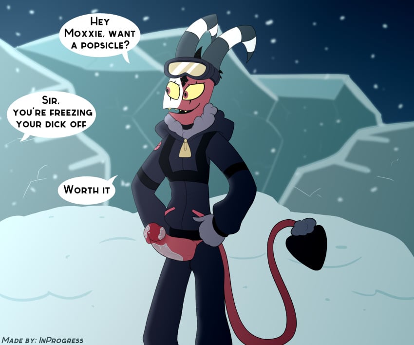 absurd_res blitzo_(helluva_boss) cold demon dialogue english_text eyewear genitals goggles helluva_boss hi_res ice imp inprogress male penis snow solo text winter winter_coat