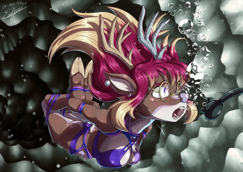 1girls bikini bondage clip_studio_paint_(medium) commission deer_girl digital_art drowning evan_harrey female furry glasses hogtied original peril red_hair solo underwater underwater_peril