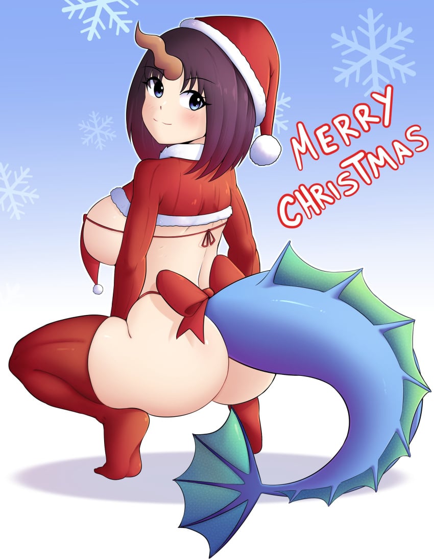 1girls almost_naked ass ass_focus back back_view big_ass big_breasts black_hair blue_eyes breasts christmas christmas_outfit dat_ass dragon_girl dragon_horns dragon_tail elma_(miss_kobayashi's_dragon_maid) female female_only kobayashi-san_chi_no_maidragon konanexe legwear miss_kobayashi's_dragon_maid purple_hair revealing_clothes ribbon short_hair sideboob solo squatting thick thick_thighs thighhighs thighs two_tone_hair wide_hips