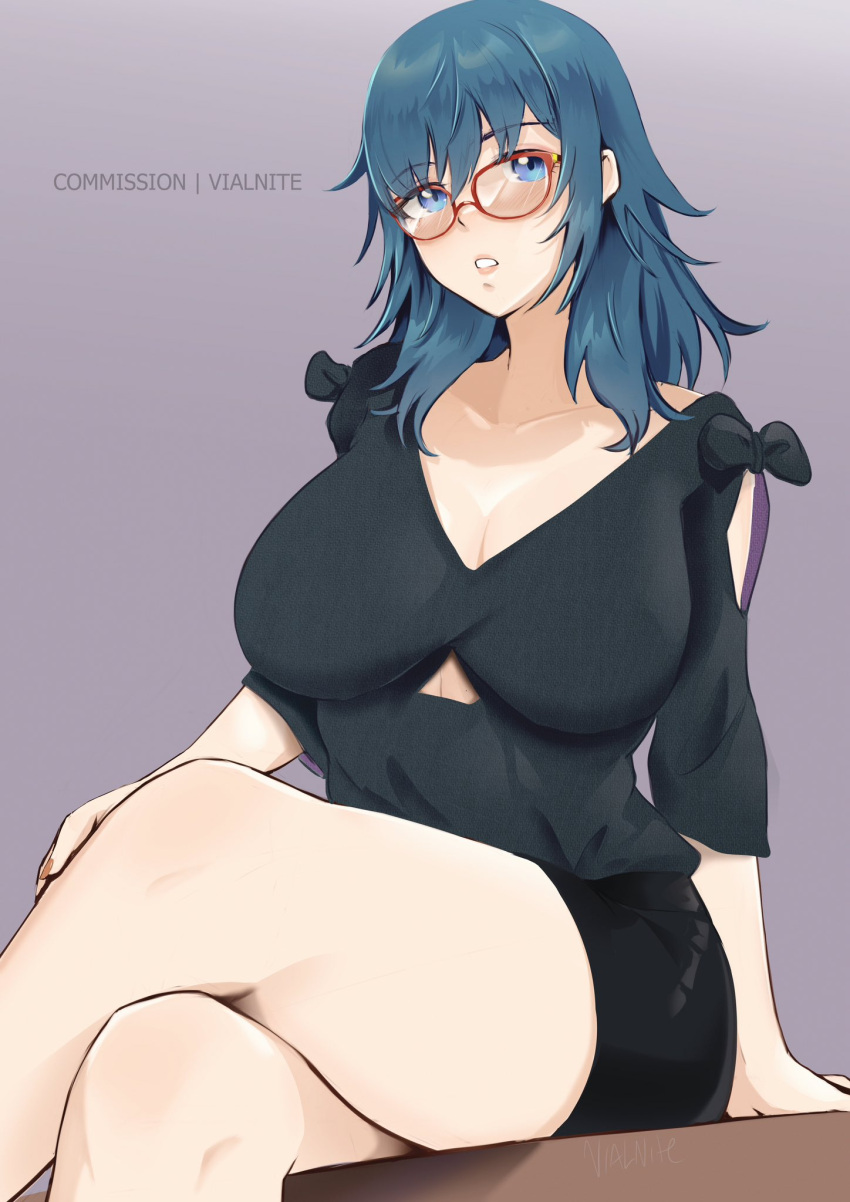 1girls alternate_costume arm_support bespectacled black_shirt blue_eyes blue_hair breasts byleth_(female)_(fire_emblem) byleth_(fire_emblem) byleth_(fire_emblem)_(female) cleavage collarbone english_commentary feet_out_of_frame female female_only fire_emblem fire_emblem:_three_houses glasses highres large_breasts long_hair looking_at_viewer nintendo parted_lips red-framed_eyewear shirt short_sleeves sitting solo teal_hair thighs vialnite