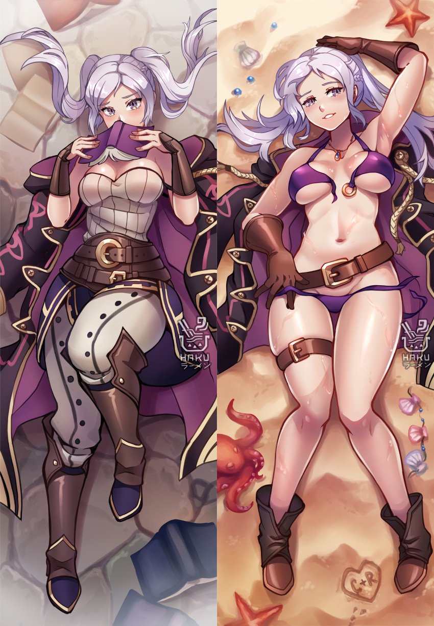 1girls alternate_costume beach bikini book boots breasts brown_gloves cleavage coat dakimakura dakimakura_(medium) dakimakura_design female female_only fire_emblem fire_emblem_awakening fire_emblem_heroes gloves hakuramen heart highres looking_at_viewer lying medium_breasts nintendo o-ring o-ring_bikini o-ring_top octopus official_alternate_costume on_back open_bikini open_clothes outdoors purple_bikini purple_swimsuit robin_(female)_(summer)_(fire_emblem) robin_(fire_emblem) robin_(fire_emblem)_(female) sand seashell shell smile starfish swimsuit twintails untied_bikini white_hair