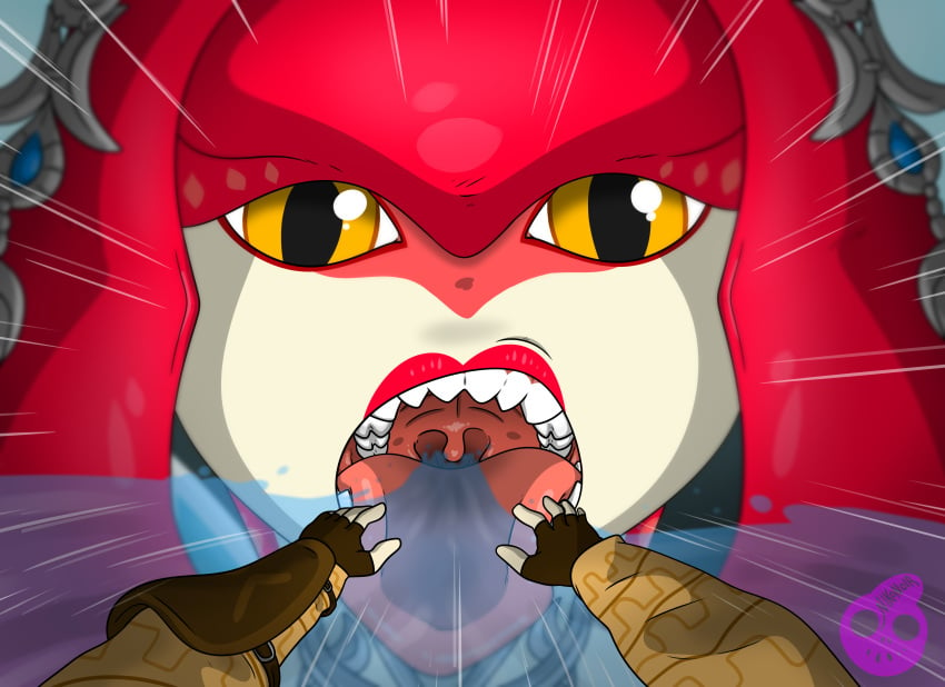 breath_of_the_wild fangs female female_pred fish_girl giantess link link_(breath_of_the_wild) lipstick mipha mouth nikonoir pov shrinking size_difference the_legend_of_zelda tongue uvula vore yellow_eyes zora