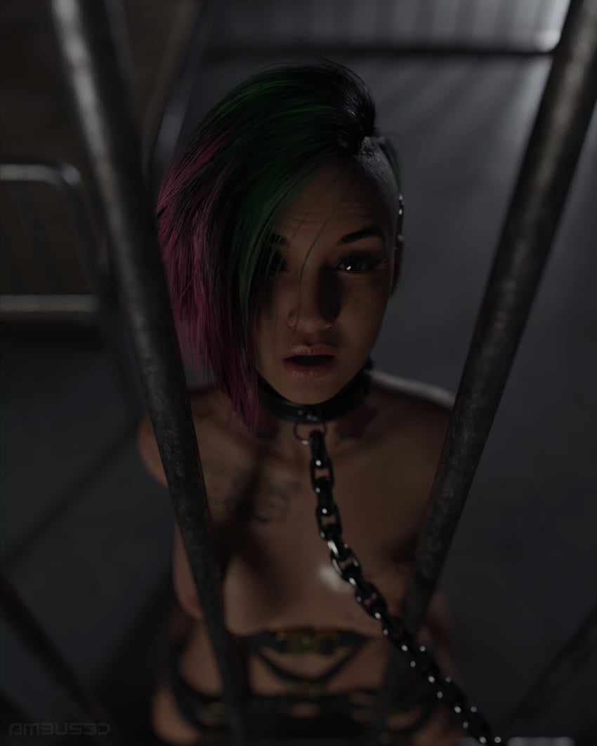 3d ambus3d bdsm_gear bondage captured captured_heroine chains choker cyberpunk_2077 eye_contact eyebrows eyelashes judy_alvarez nsfw prisoner solo solo_female solo_focus