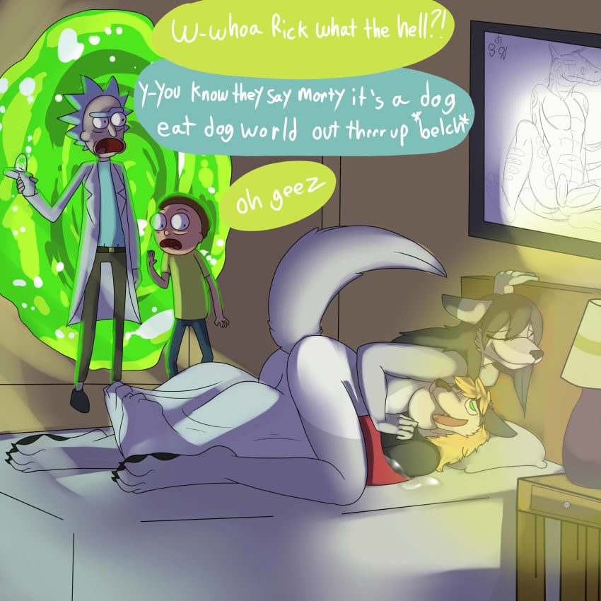 1girls bedroom canine cock_vore dialogue futanari gun human husky intersex male mammal morty_smith multiple_boys penis portal ranged_weapon rick_and_morty rick_sanchez servo117 vore weapon wolf