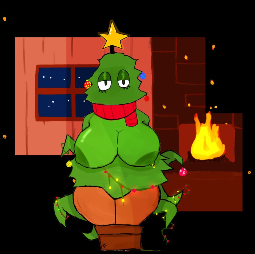 bedroom_eyes breasts breasts_out chimney christmas christmas_tree doodle el_sick humanized humanoid looking_at_viewer looking_bored medium_boobs medium_breasts object_humanoid old_drawing pine_tree plant_pot pot tree