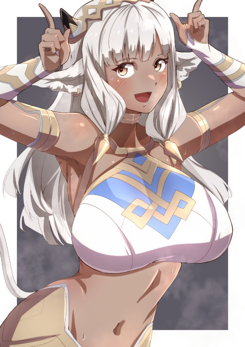 1girls :d armpits ash_(fire_emblem) bangs bare_midriff breasts brown_eyes cow_girl dark-skinned_female dark_skin earrings female female_only fire_emblem fire_emblem_heroes gesture grey_hair large_breasts long_hair midriff nintendo open_mouth pointy_ears smile solo sweat to_(tototo_tk)