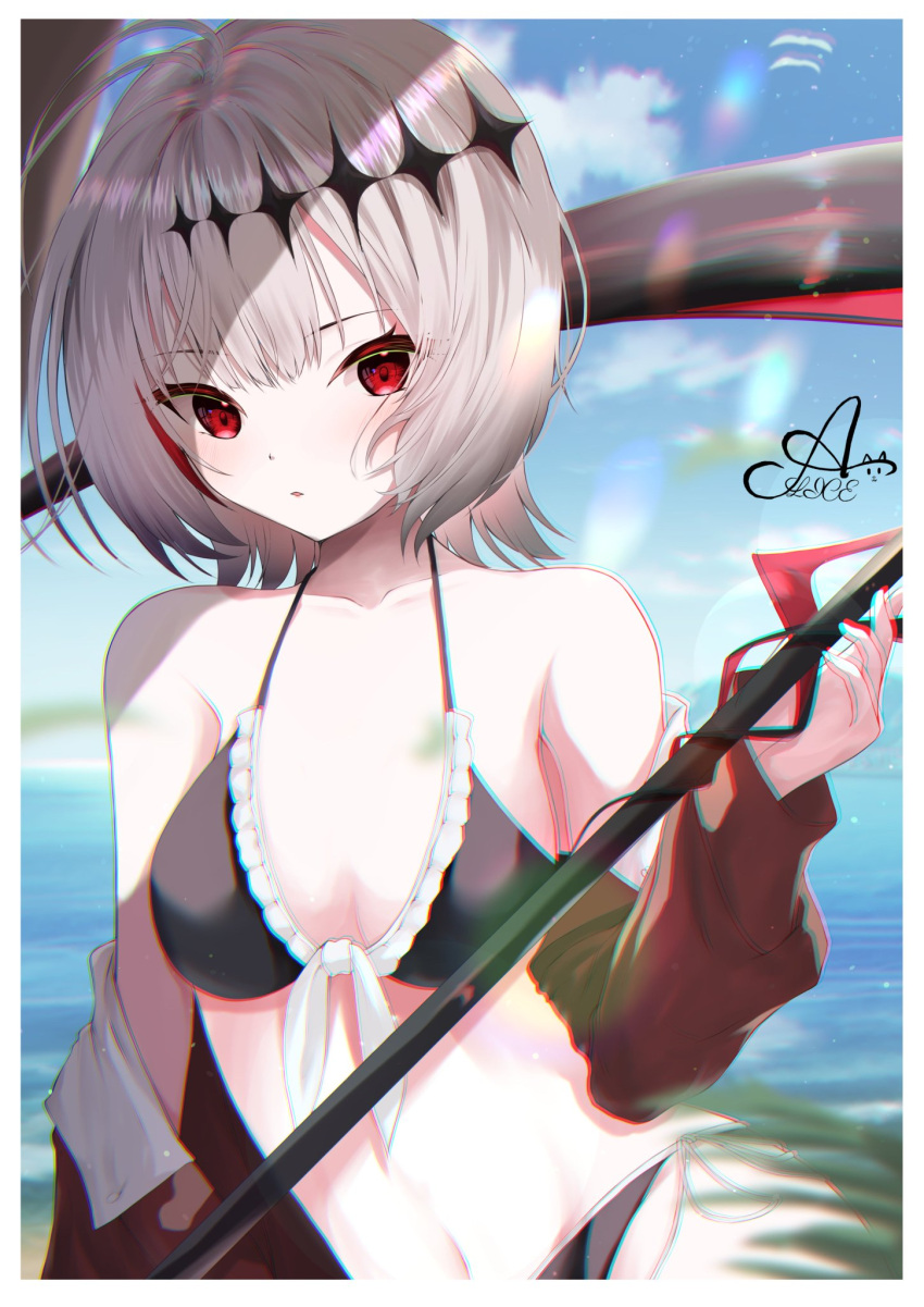 1girls beach_towel belly bikini black_bikini breasts dtto. female looking_at_viewer red_eyes red_hair reject_(esports) scythe swimsuit virtual_youtuber vtuber white_hair