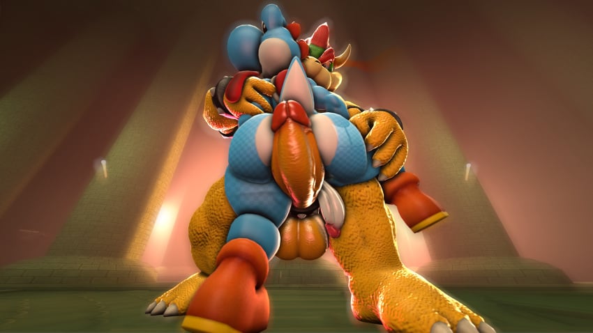 3d 3d_(artwork) anal anthro ass balls big_butt big_penis bowser brick_floor brick_wall clothing cock_ring digital_media_(artwork) duo erection evil_grin footwear gay genitals glowing glowing_eyes hi_res huge_cock kabalmystic_(artist) katimeka koopa male male/male mario_(series) nintendo nude penis perspective protagonistsub_antagonistdom scalie sex shoes smile source_filmmaker spread_legs spreading tongue wall_(structure) yoshi