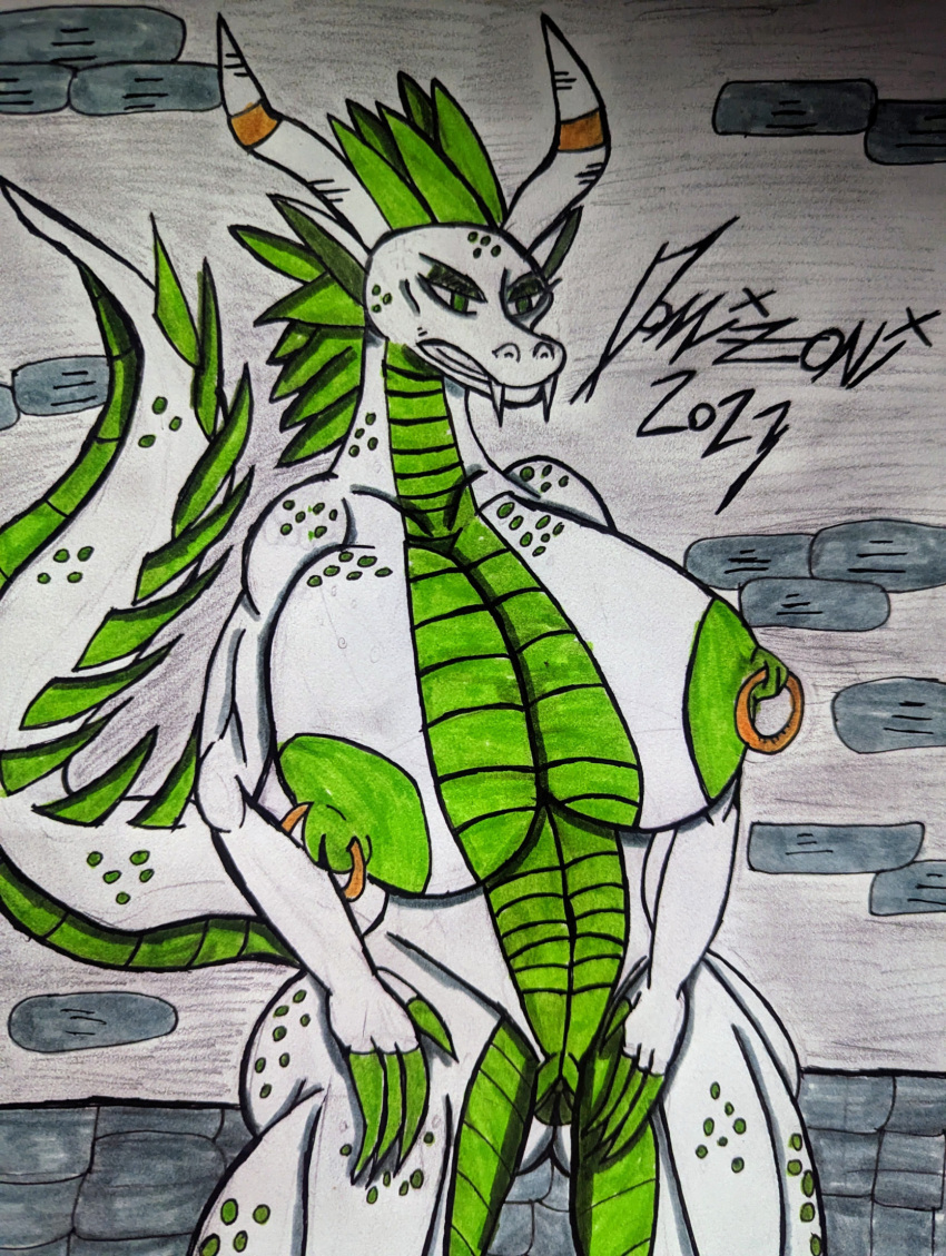 2023 anthro ass big_butt black_eyeshadow breasts claws domizoni dragon eyeshadow female green_body green_claws green_scales hi_res horn makeup nipple_piercing nipple_ring nipples piercing queen_lilith_(domizoni) ring_piercing scales solo traditional_media_(artwork) white_body white_scales