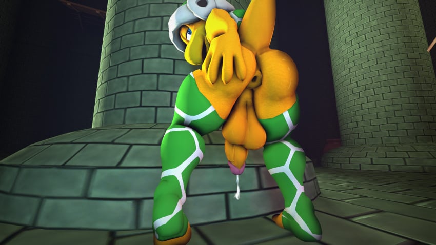 3d_(artwork) anthro anus ass big_butt blue_eyes brick_floor clothing column digital_media_(artwork) gaping gaping_anus green_clothing hammer_bros. hi_res kabalmystic_(artist) katimeka koopa legwear looking_at_viewer male mario_(series) nintendo scalie smile smiling_at_viewer solo source_filmmaker spread_legs spreading thigh_highs