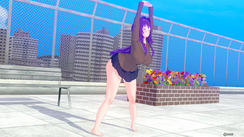 1girls 3d barefoot big_boobs big_breasts blue_skirt boobs breasts cammy_stretch chair doki_doki_literature_club feet female female_only flowers gomgom long_hair purple_hair rooftop school_uniform skirt sky solo solo_female yuri_(doki_doki_literature_club)