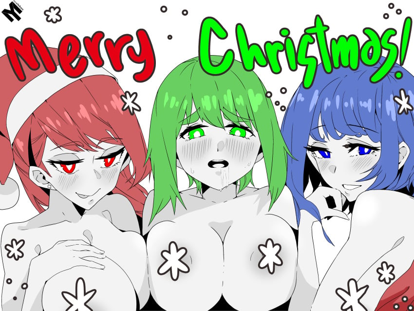 3girls big_breasts blue blue_eyes blue_hair blush blush breasts censored christmas green green_eyes green_hair grin headband manga_style merry_christmas myelskan nipples oc open_mouth original_character original_characters patreon patreon_reward red red_eyes red_hair rgb rgb_lighting santa_hat smile smug snowflake snowflakes squeezing sweat sweatdrop sweating upper_body white_background