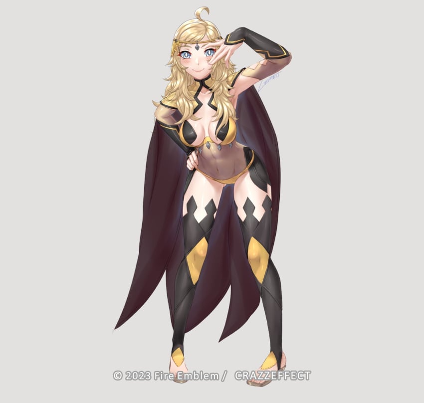 1girls ahoge armpits ass_visible_through_thighs bare_thighs blonde_hair bodystocking breasts cape collarbone covered_navel crazzeffect dark_mage_(fire_emblem_fates) female female_only fire_emblem fire_emblem_fates full_body grey_background grey_eyes headband leaning_forward looking_at_viewer medium_breasts nintendo ophelia_(fire_emblem) panties pose smile solo thighhighs thighs underwear very_long_hair yellow_panties