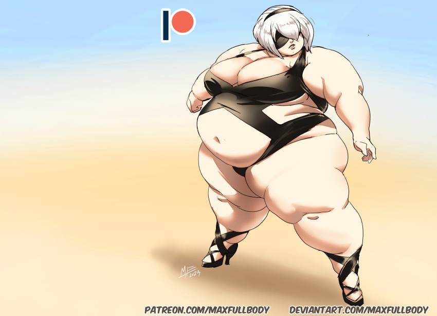 1girls bbw belly big_belly big_breasts blindfold breasts fat female female_only huge_belly huge_breasts light-skinned_female light_skin maxfullbody nier nier:_automata obese overweight short_hair solo thick_thighs thighhighs white_hair yorha_2b