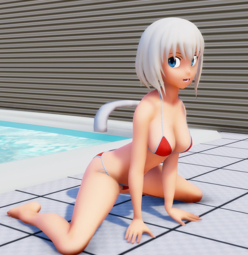 1girls 3d all_fours bikini blonde_hair blue_eyes breasts cleavage female izumi_shimizu looking_at_viewer misterorzo mmd open_mouth original pool short_hair solo tagme that_pool water