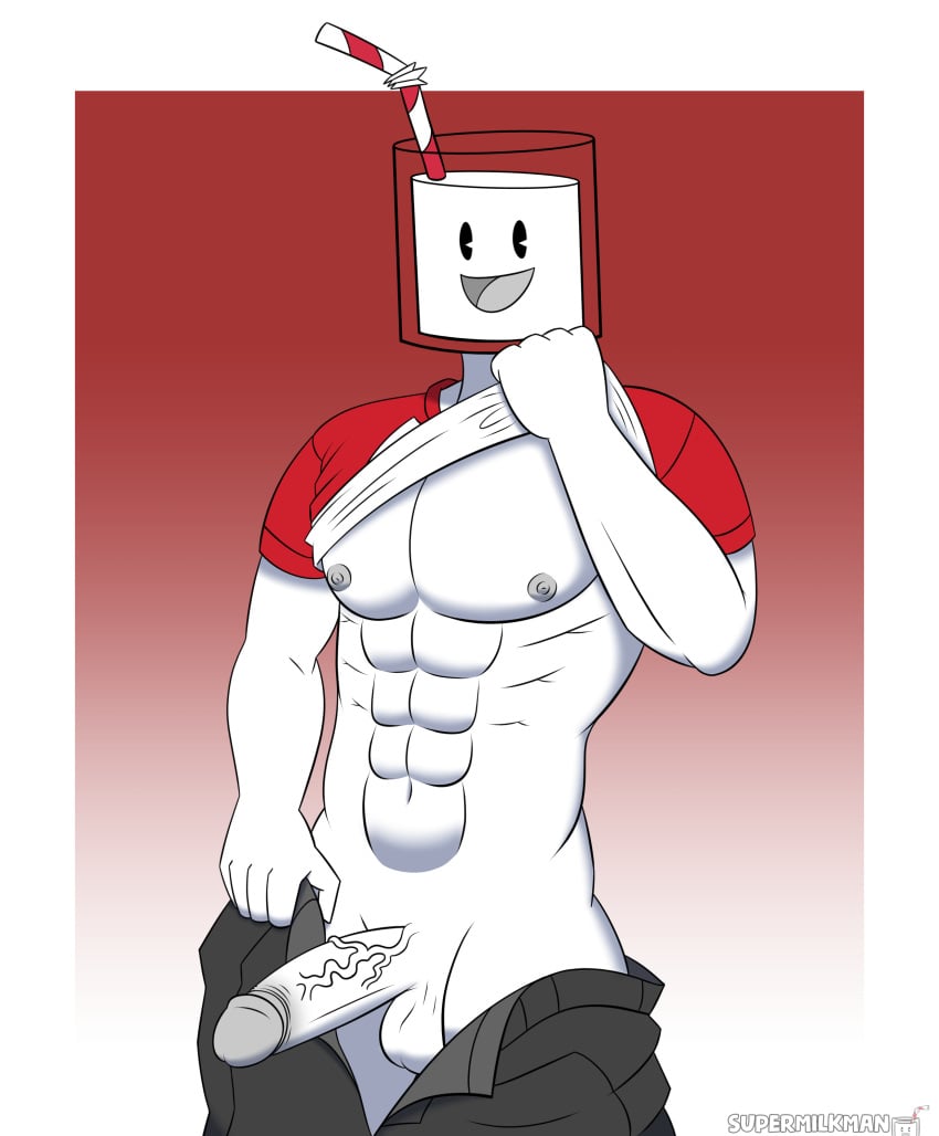 anthro ball_sack balls cal_(supermilkman) cock erect_penis erection exposed_balls exposed_chest exposed_penis male male_focus male_only muscles muscular_male nipples object_head original original_character pants pants_down penis shirt shirt_lift shirt_up simple_face six_pack sole_male supermilkman