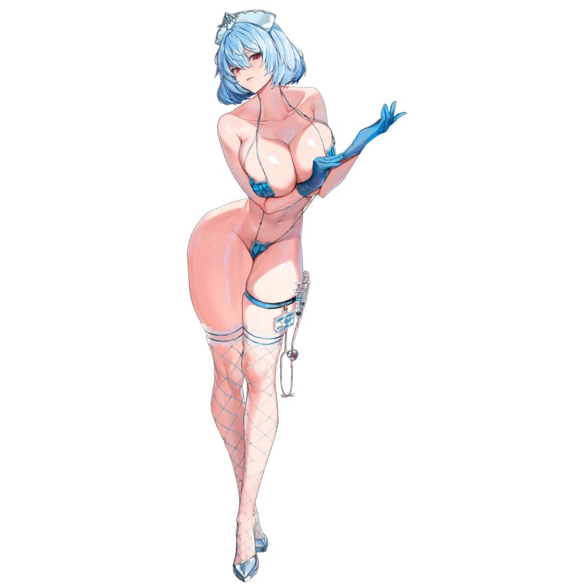 1girls blue_hair blue_one-piece_swimsuit blue_swimsuit breasts fishnet_thighhighs fishnets game_cg gloves high_heels id_card large_breasts last_origin light-skinned_female light_skin looking_at_viewer mask_bikini nurse nurse_cap nurse_uniform official_art one_piece_swimsuit pinkmill red_eyes short_hair slingshot_swimsuit stethoscope swimsuit syringe thigh_strap thighhighs third-party_edit titania_frost titania_frost_(mask_bikini)