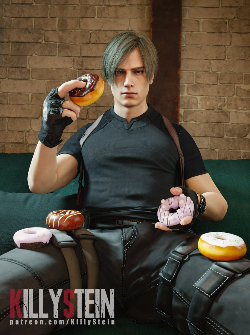 blonde_hair bulge_through_clothing capcom crotch donut food_play killystein leon_scott_kennedy male_focus male_only resident_evil resident_evil_2 resident_evil_2_remake resident_evil_4 resident_evil_4_remake sitting stacking_donuts undressing