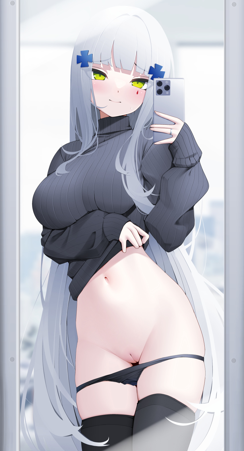 absurdres black_panties black_sweater black_thighhighs blunt_bangs blush breasts cellphone cleft_of_venus closed_mouth clothes_lift commentary cowboy_shot facial_mark female girls'_frontline green_eyes grey_hair hair_ornament highres hk416_(girls'_frontline) holding holding_phone horny jewelry large_breasts lifted_by_self long_hair long_sleeves looking_at_viewer mirror navel panties panty_pull phone pussy ribbed_sweater ring selfie solo standing stomach sweater sweater_lift teardrop_facial_mark thigh_gap thighhighs turtleneck turtleneck_sweater uncensored underwear very_long_hair z.taiga