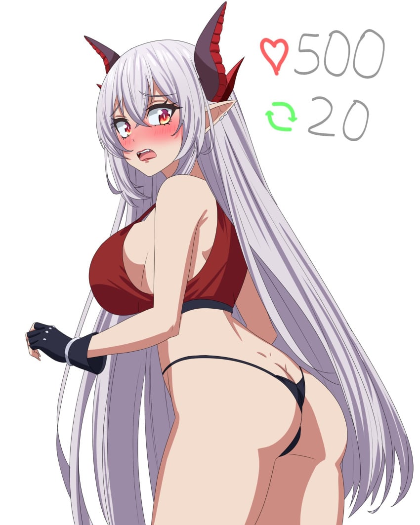 1girls belly_button black_bra black_glove black_panties blush bra breasts clothed clothing demon_girl demon_horns embarrassed fangs female female_only fingerless_glove glove horns huge_breasts indie_virtual_youtuber light-skinned_female light_skin like_and_retweet like_icon nose_blush panties pointy_ears red_eyes red_nails retweet_icon ripped_clothing ripped_tank_top seductive simple_background sinister_(sinsister) solo sports_bra strip_game tank_top vash_over virtual_youtuber white_background white_hair