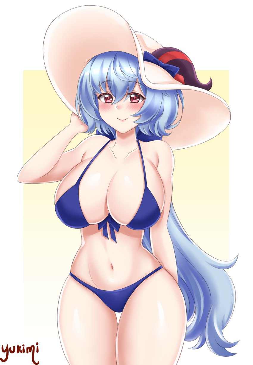 1girls big_breasts bikini blue_bikini cute ganyu_(genshin_impact) genshin_impact light_blue_hair solo_female sunhat tagme yukimiiart