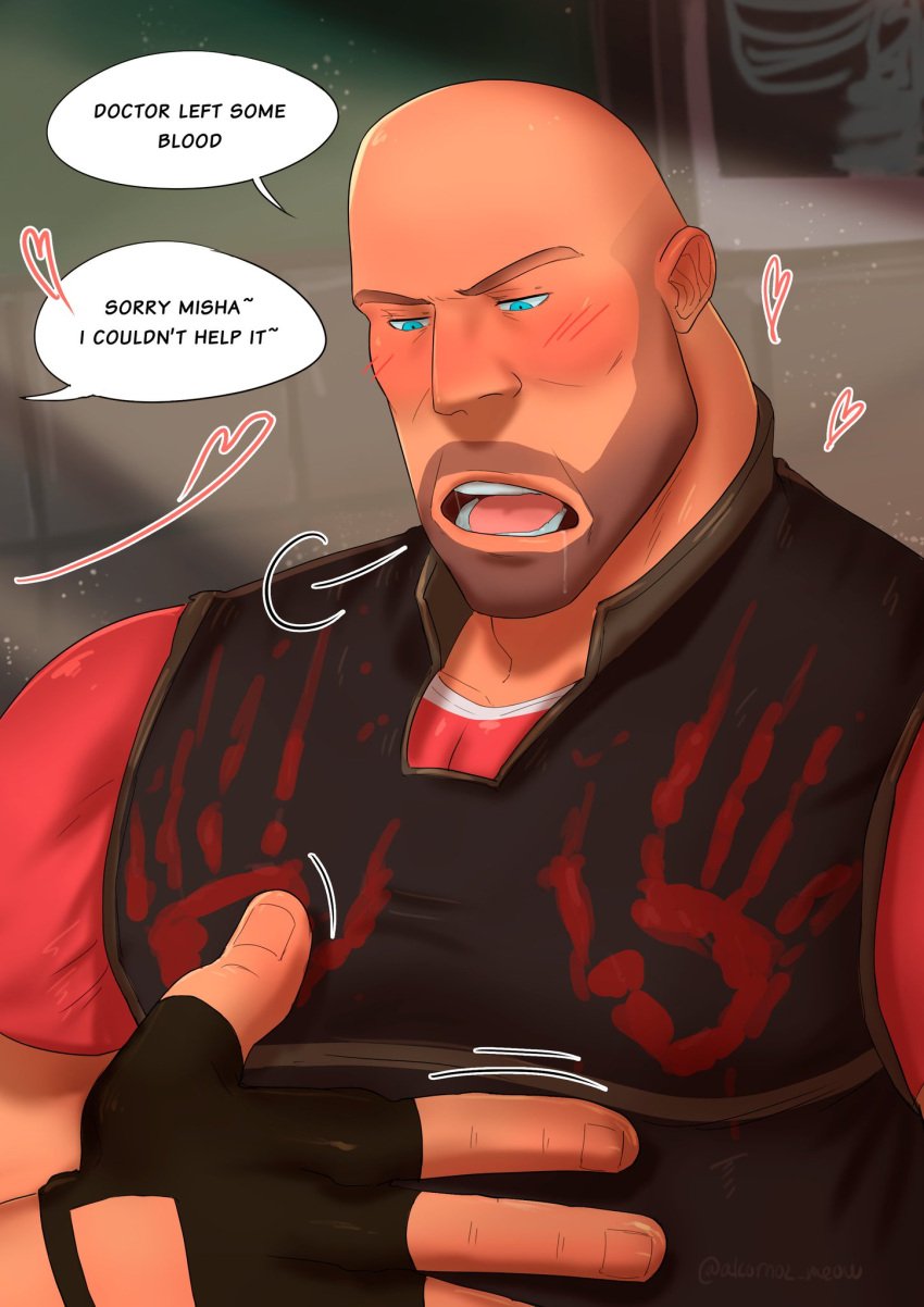 2boys alcornoz big_pecs character_off_screen clothed dialogue gay groping handprint handprint_markings heavy_(team_fortress_2) heavy_weapons_guy honka_honka medic medic_(team_fortress_2) muscular_male team_fortress_2 yaoi