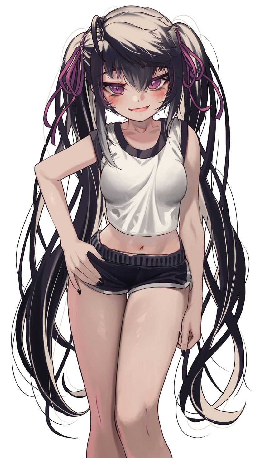 1girls black_hair booty_shorts breasts commission female light-skinned_female light_skin long_hair medium_breasts midriff naughty_face original original_character petite petite_body priite_hari_(torriet) purple_eyes short_shorts shorts simple_background smile tank_top torriet twintails