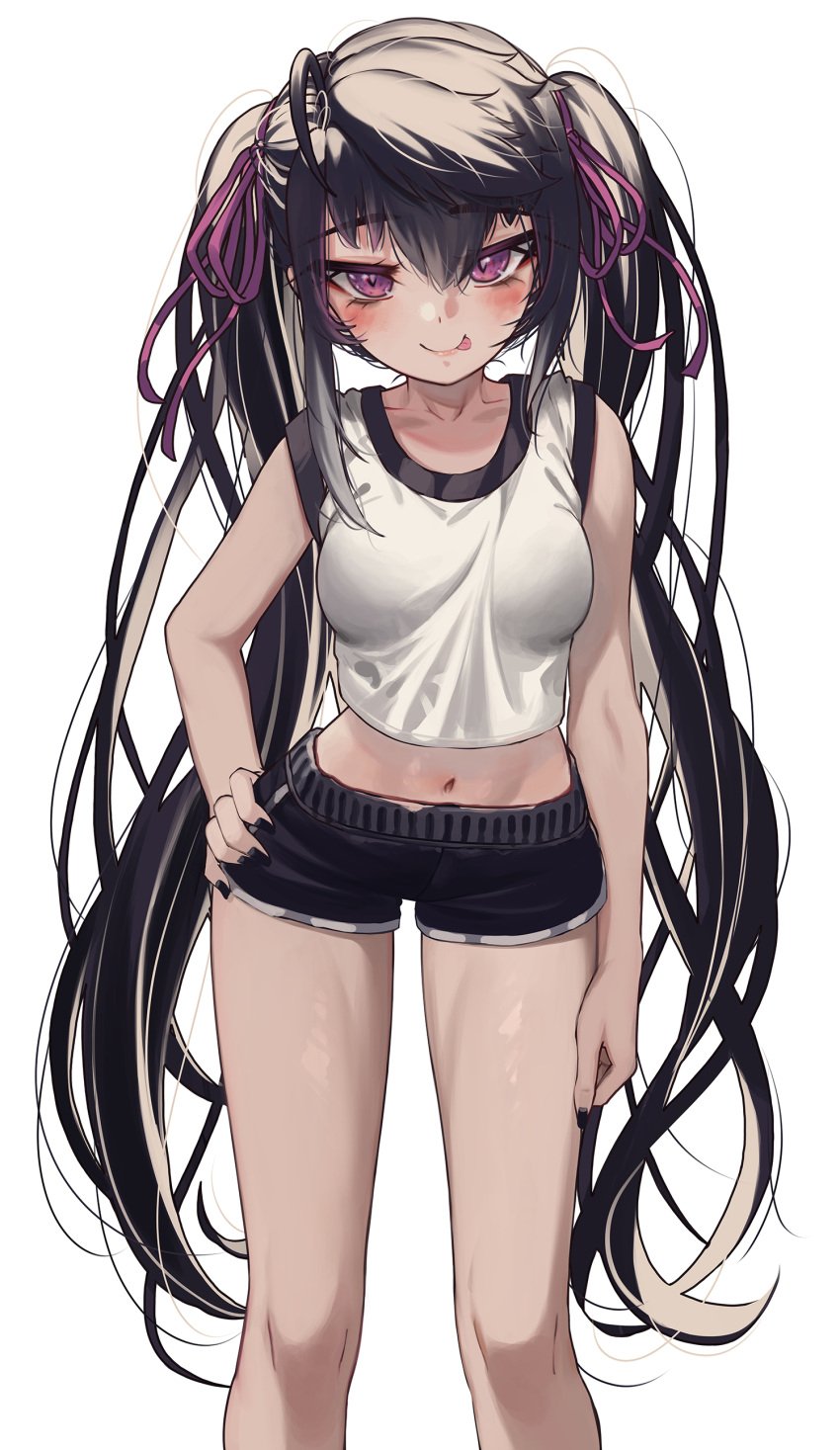 1girls black_hair booty_shorts breasts commission female light-skinned_female light_skin long_hair medium_breasts midriff naughty_face original original_character petite petite_body priite_hari_(torriet) purple_eyes short_shorts shorts simple_background smile tank_top tongue tongue_out torriet twintails