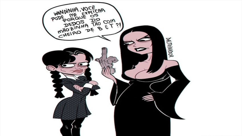 annoyed caught daltrinador humor humour joke middle_finger morticia_addams portuguese_text spanish_dialogue tagme the_addams_family thing_(addams_family) translated_sfx wednesday_(netflix) wednesday_addams white_background