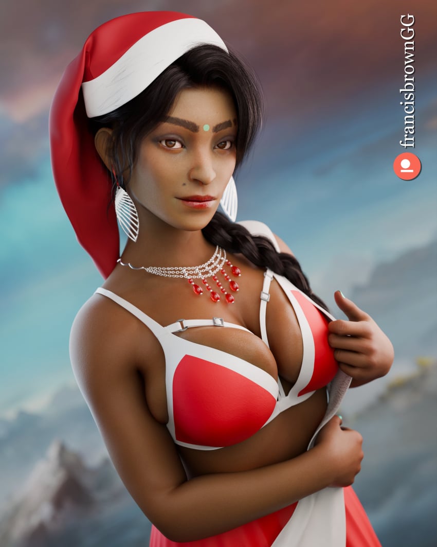 3d apex_legends big_breasts bikini bindi black_hair braided_ponytail brown_eyes christmas christmas_clothing cleavage dark-skinned_female earrings francis_brown indian indian_female mole mole_above_mouth necklace rampart_(apex_legends) ramya_parekh sfm