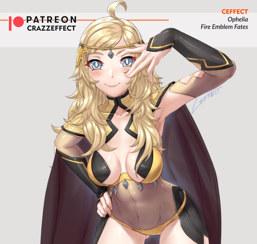 1girls ahoge armpits ass_visible_through_thighs bare_thighs blonde_hair bodystocking breasts cape collarbone covered_navel crazzeffect dark_mage_(fire_emblem_fates) female female_only fire_emblem fire_emblem_fates grey_background grey_eyes headband leaning_forward looking_at_viewer medium_breasts nintendo ophelia_(fire_emblem) panties pose smile solo thighs underwear upper_body very_long_hair yellow_panties