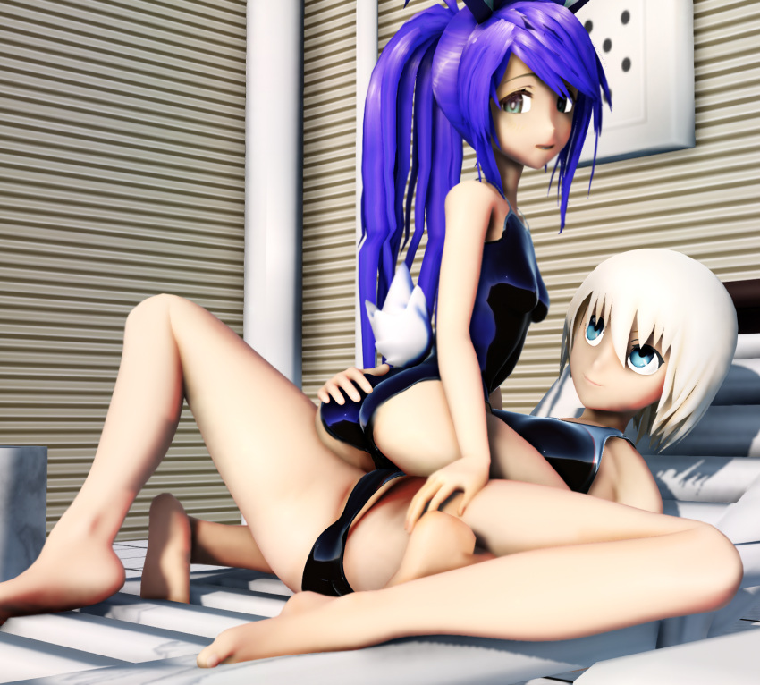 2girls 3d ass ass_focus ass_grab blonde_hair blue_eyes blue_hair chie_(misterorzo) female female_only green_eyes izumi_shimizu long_hair looking_at_viewer looking_back lying lying_on_back misterorzo mmd open_mouth original ponytail pool rabbit_ears rabbit_tail short_hair swimsuit tagme that_pool