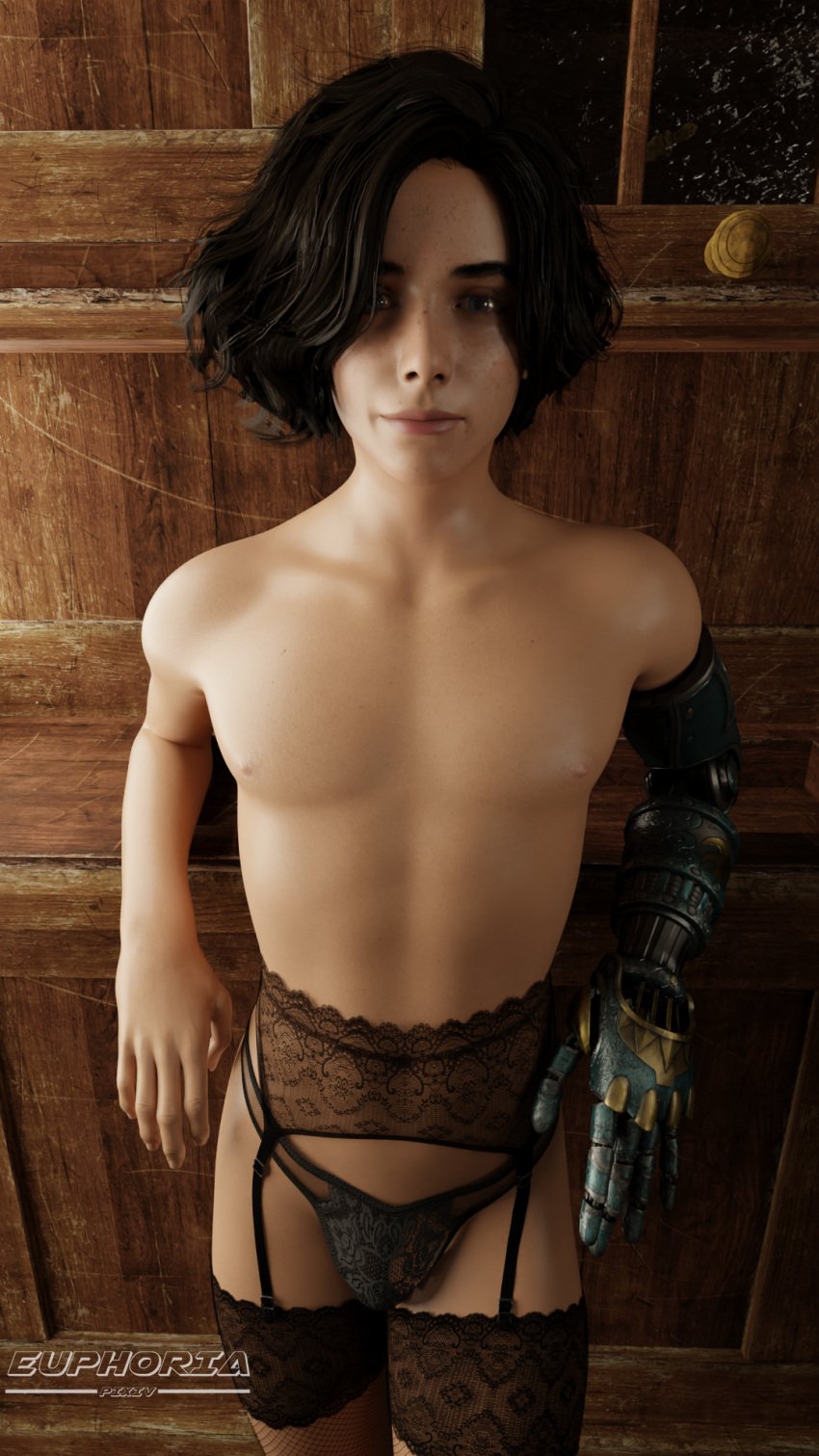 1boy 3d black_hair blender blender_(software) blender_cycles blue_eyes crossdressing crossdressing_male dick femboy fishnets high_resolution highres lies_of_p lingerie lingerie_only looking_at_viewer male male_only nipples pinocchio pinocchio_(character) pinocchio_(lies_of_p) short_hair smiling smiling_at_another smiling_at_partner smiling_at_viewer solo solo_focus solo_male thats_euphoria white_body white_skin