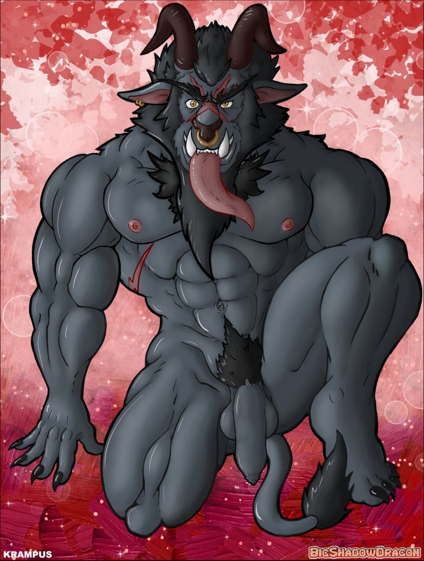 anthro balls bara barazoku bigshadowdragon christmas demon flaccid furry horns krampus male male_only muscles muscular nude on_one_knee penis solo solo_male tongue_out