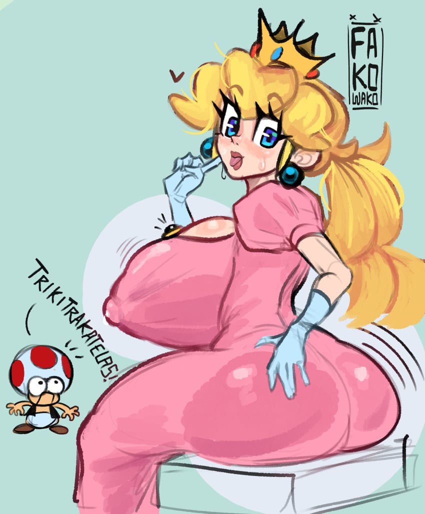 big_ass fakowako huge_breasts mario_(series) nipples_visible_through_clothing princess_peach text thick_thighs toad_(mario)