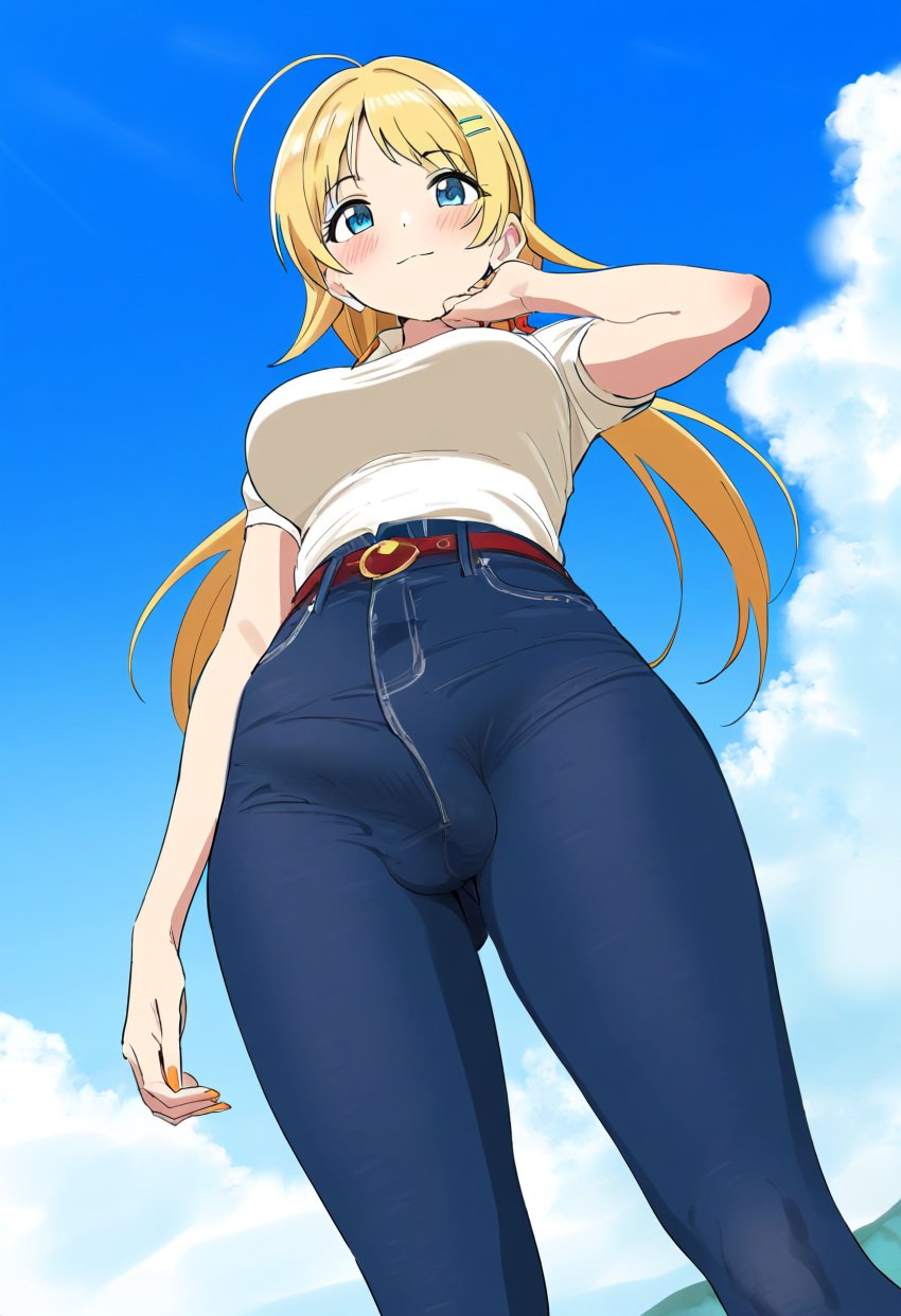 ai_generated balls belt big_breasts blonde blonde_futa blonde_hair blue_eyes breasts bulge bulge_through_clothing clothed clouds cute dickgirl doseogwan erect_penis erection erection_under_clothes from_below futa_only futanari hachimiya_meguru idolmaster idolmaster_shiny_colors jeans long_hair looking_at_viewer looking_down looking_down_at_viewer low_angle outside penis shirt sky smile solo solo_futa standing sunny the_idolm@ster the_idolm@ster_shiny_colors visible_penis_shape white_shirt wide_hips