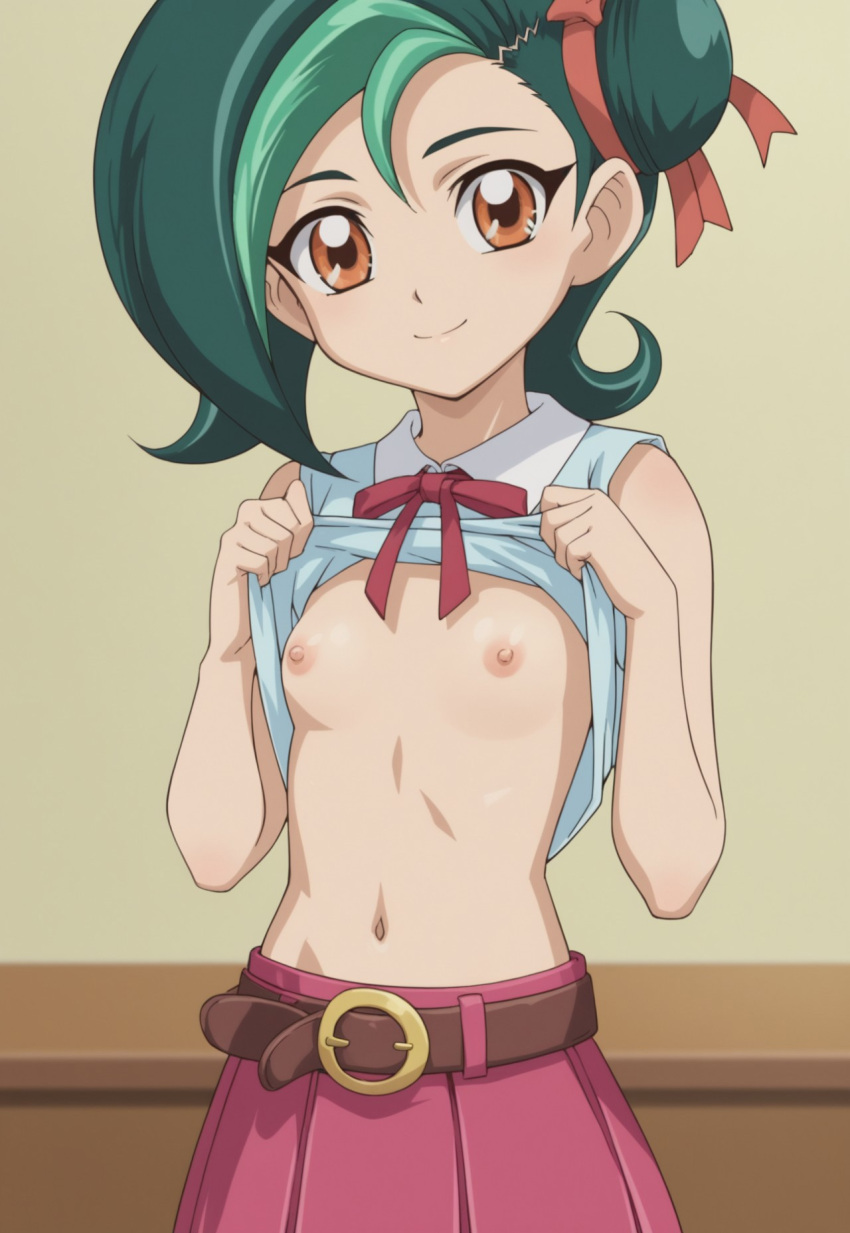 ai_generated belt brown_eyes flashing flashing_breasts green_hair hair_bun hair_ribbon kotori_mizuki lifting_shirt multicolored_hair navel nipples skirt sleeveless_shirt small_breasts smiling tori_meadows twilightsun yu-gi-oh! yu-gi-oh!_zexal