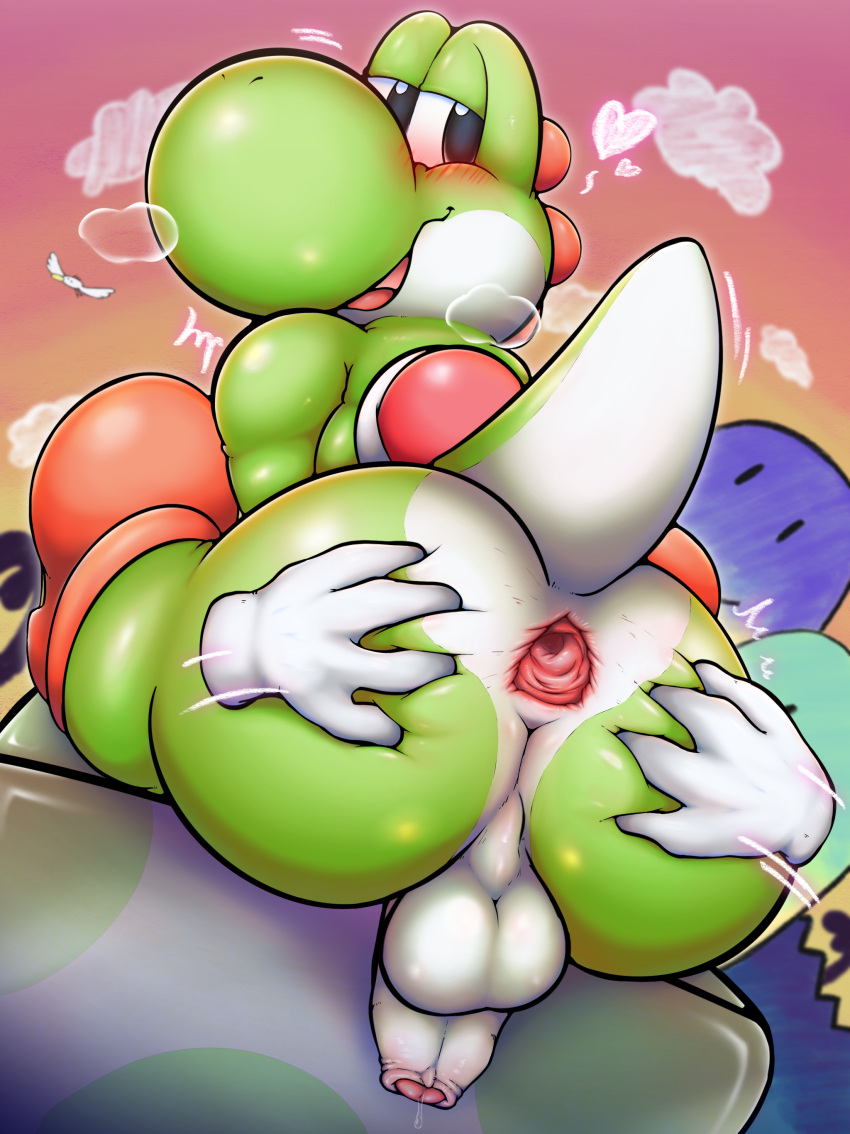 absurd_res anthro anus ass backsack balls big_butt blush bodily_fluids boots clothing disembodied_hand footwear foreskin gaping gaping_anus genital_fluids genitals green_body hi_res looking_back male male_only mario_(series) nintendo penis perineum precum scalie solo spread_anus spread_butt spreading yamausagi0619 yoshi yoshi's_island