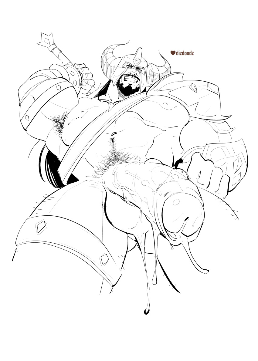 balls bara beard big_balls big_penis cum dizdoodz facial_hair flaccid league_of_legends looking_at_viewer looking_down male male_only monochrome muscles muscular penis solo solo_male tryndamere