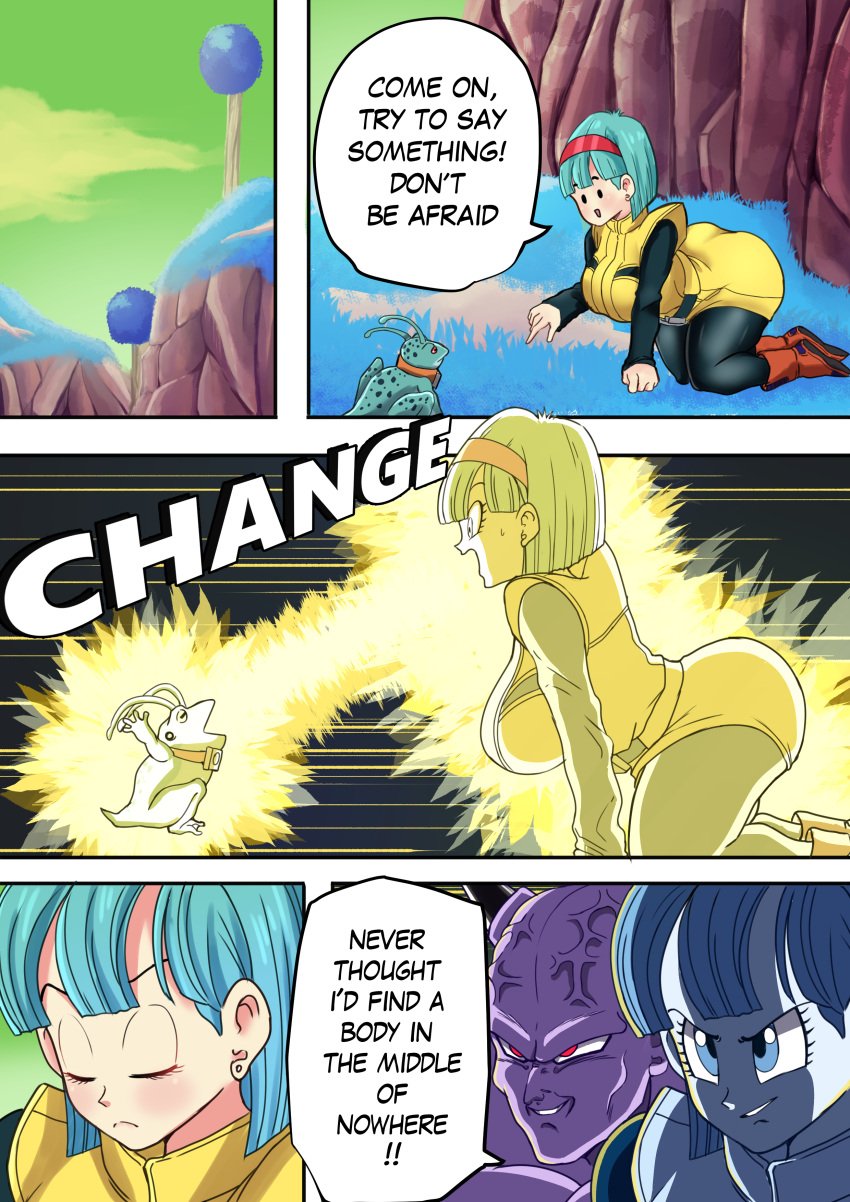 1boy 1girls alternate_breast_size axlexcima blue_eyes body_swap bulma_briefs bulma_briefs_(frieza_saga) captain_ginyu comic dragon_ball dragon_ball_z english_text huge_breasts namek page_15 speech_bubble third-party_edit turquoise_hair