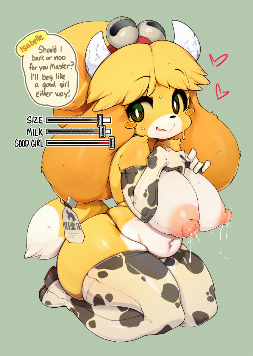 1girls animal_crossing cow_bikini furry huge_breasts isabelle_(animal_crossing) lactating nipples slugbox solo tagme topless topless_female