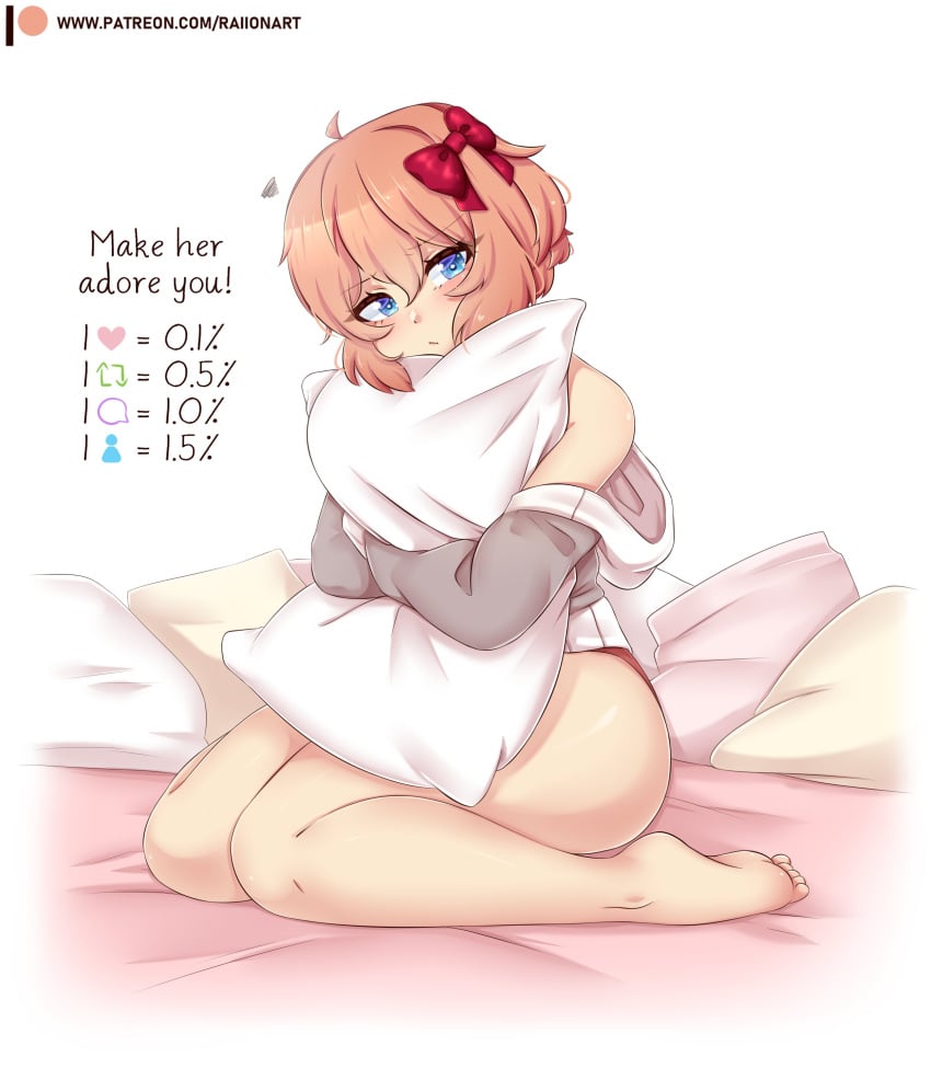 bare_legs bare_shoulders barefoot bed blue_eyes bob_cut brown_hair cushion doki_doki_literature_club feet hair_ribbon lying_on_bed pajamas panties pillow plushie raionart sayori_(doki_doki_literature_club) short_hair teenager thick thick_thighs