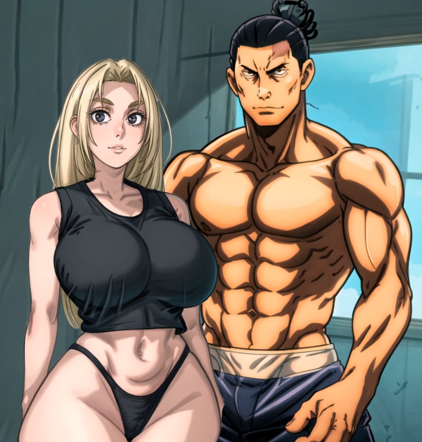 1boy 1girls abs age_difference ai_assisted ai_generated aoi_todo black_panties black_thong black_topwear blonde_hair curvy_female female gardener_ai grey_eyes highleg_panties hourglass_figure jujutsu_kaisen large_breasts long_hair male muscular_male no_pants panties shorts skimpy stable_diffusion tank_top teacher_and_student thick_thighs thong tight_clothing wide_hips yuki_tsukumo