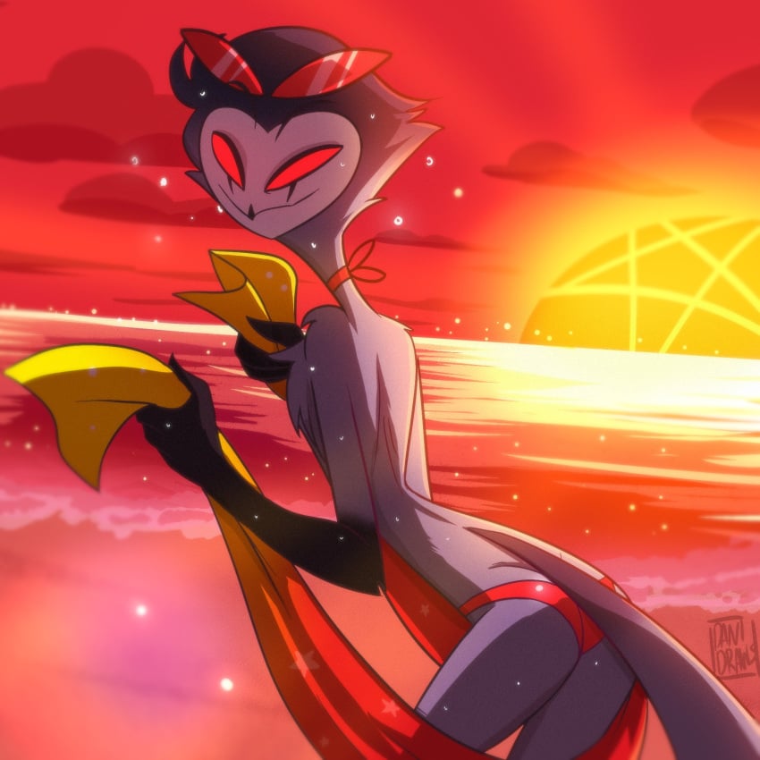 anthro ass avian beach bird danidrawsandstuff demon detailed_background grey_body grey_feathers helluva_boss looking_at_viewer male male_only owl owl_demon red_eyes red_sky red_speedo sky solo speedo stolas_(helluva_boss) swimsuit