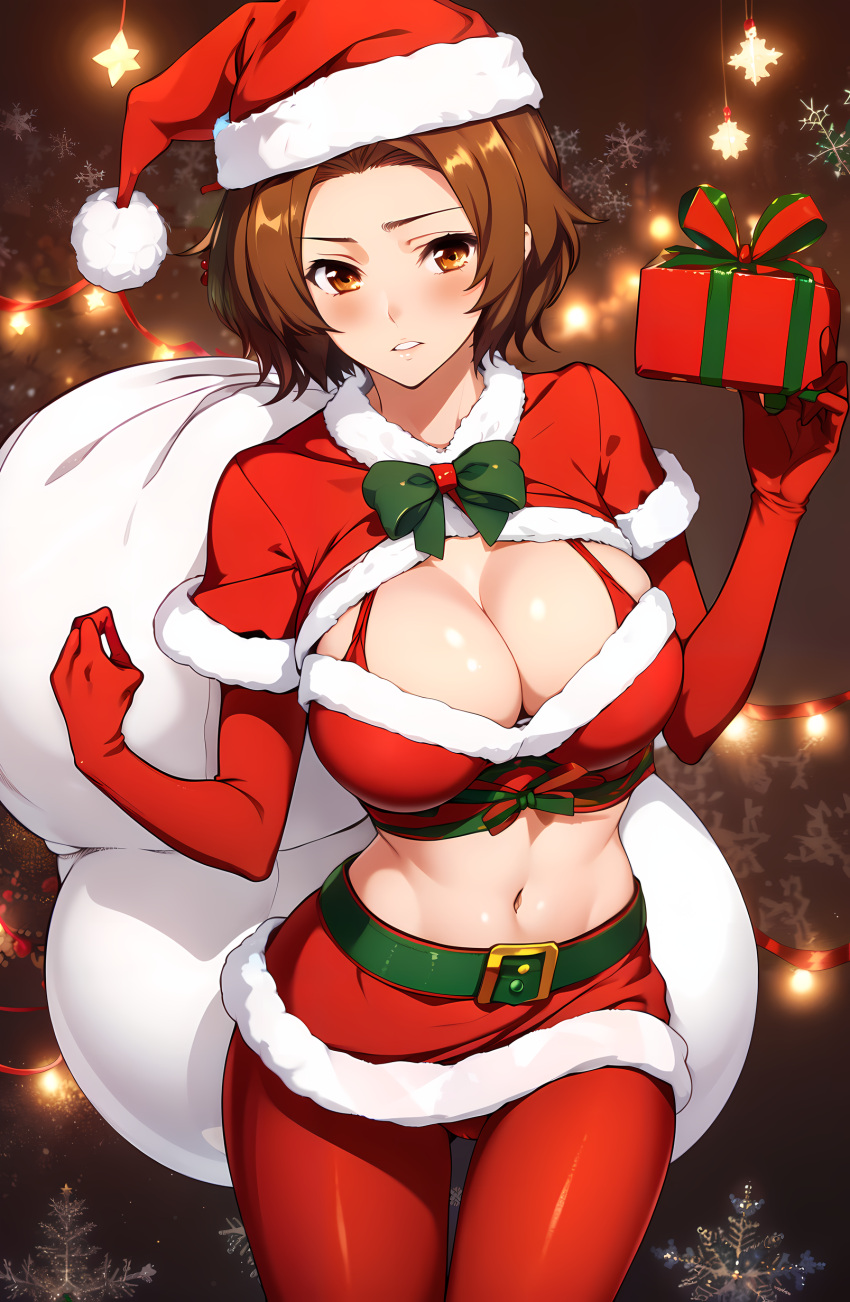 ai_generated bangs bleach breasts brown_eyes brown_hair christmas christmas_outfit cleavage fair_skin female gloves hat light_hair masaki_kurosaki merry_christmas midriff navel pantyhose sack santa santa_costume santa_hat short_hair skirt solo stable_diffusion unstable_diffusion wavy_hair