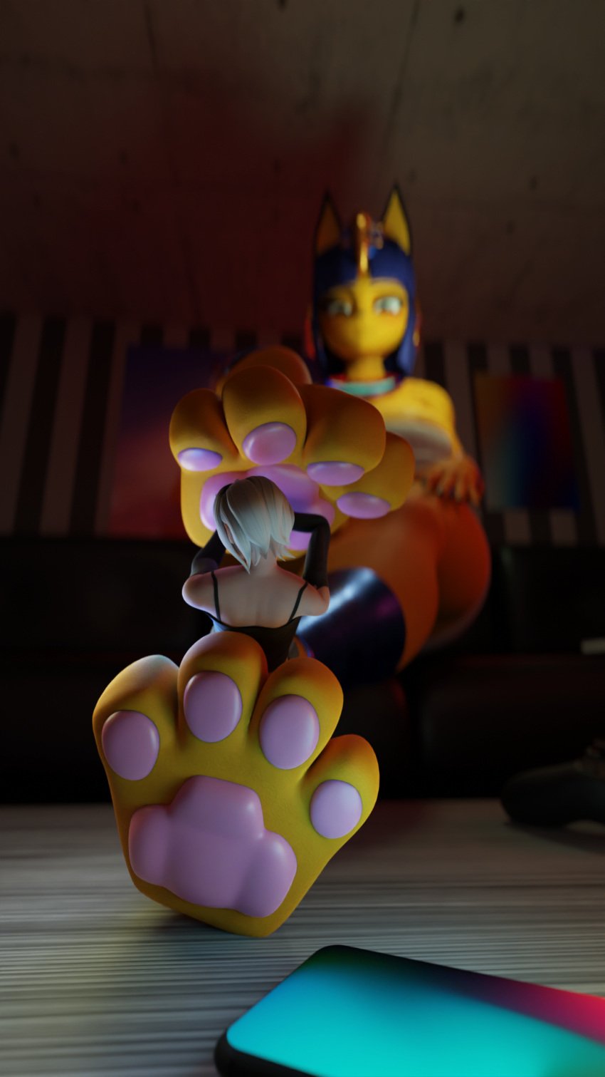 3d 3d_(artwork) 3d_model animal_crossing ankha ankha_(animal_crossing) barefoot between_feet black_nail_polish black_nails blender blender_(software) blender_cycles blue_hair clawed_fingers claws crossed_legs cup da_queen dommy_mommy doubutsu_no_mori egyptian egyptian_cat feet feline female female_domination femdom foot_fetish foot_focus foot_play giantess goddess jewelry macro macro_female micro nairu_(doubutsu_no_mori) nintendo pawjob pawpads pawplay phone phone_screen pov ps4_controller queen scrag_boy scraggle sharp_nails size_difference size_play sofa solo_focus table teasing thighs toes visiuun yellow_skin