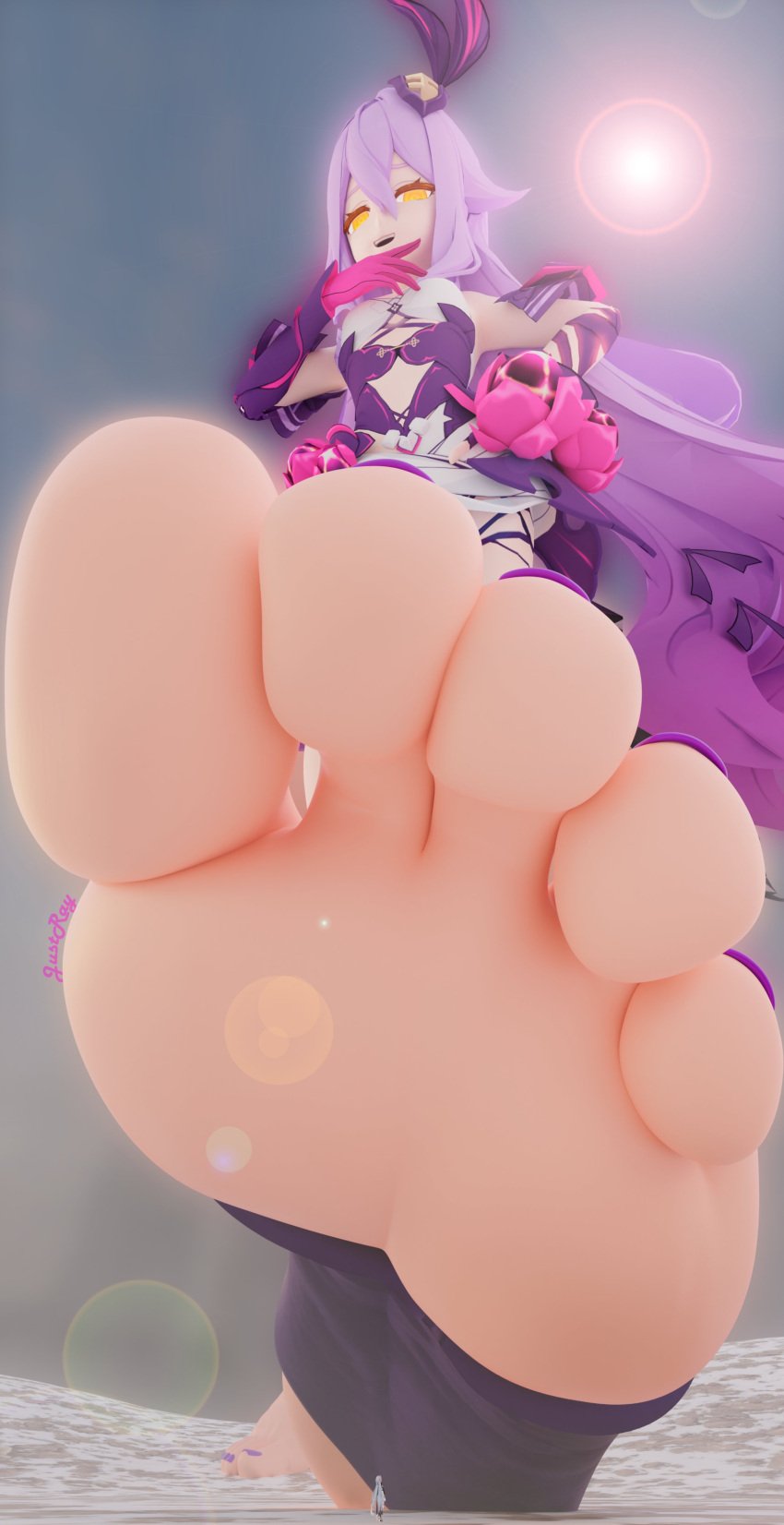 2girls foot_focus giantess gold_eyes highres honkai_impact_3rd long_hair multiple_girls purple_hair sirin_(honkai_impact) size_difference smug smug_face