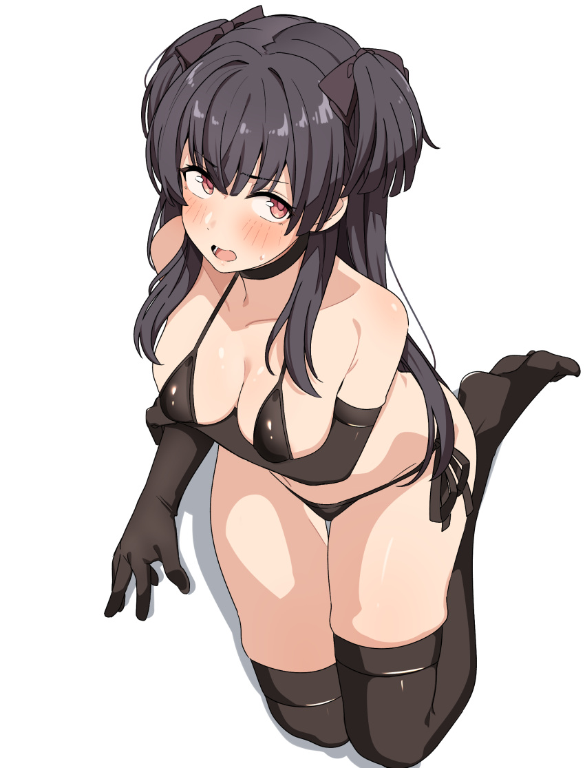 absurdres alternate_costume bikini black_bikini black_choker black_hair black_thighhighs blush breasts choker cleavage collarbone elbow_gloves female full_body gloves highres idolmaster idolmaster_shiny_colors large_breasts looking_at_viewer mayuzumi_fuyuko open_mouth red_eyes seihekiog side-tie_bikini_bottom sideboob simple_background skindentation solo swimsuit thighhighs thighs two_side_up white_background