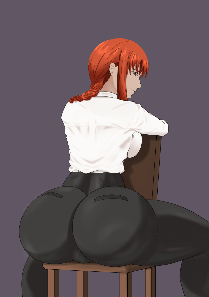 1girls ass ass_focus back back_view backboob balgart big_ass black_pants bottomwear braid bubble_ass bubble_butt chainsaw_man chair clothing dat_ass female female_only hair huge_ass looking_back makima_(chainsaw_man) pants red_hair shirt solo solo_female thighs topwear white_shirt yellow_eyes