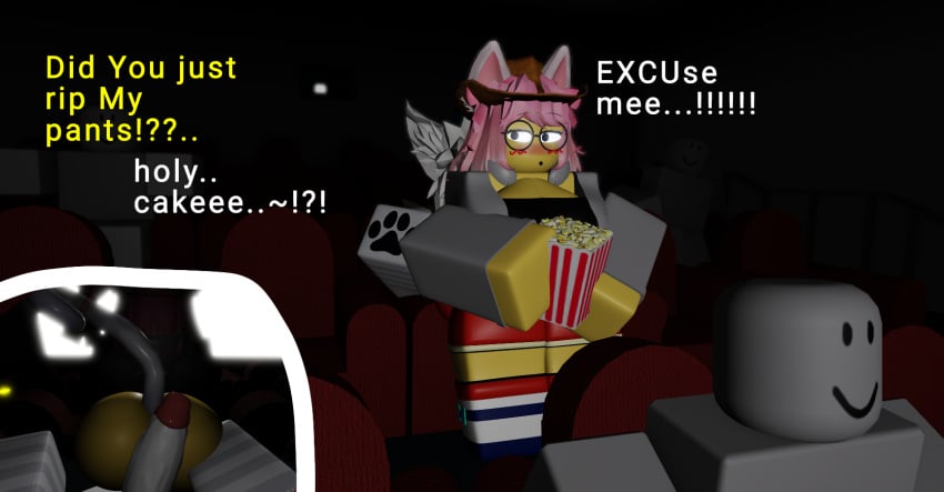 1boy 1girls 3d ass background_characters big_ass dialogue dummy_(roblox) duo english_text jhavu(oc) jhavubut_nsfw luvia_(mermio) movie_theater peni ripped_clothing roblox robloxian self_upload tagme text